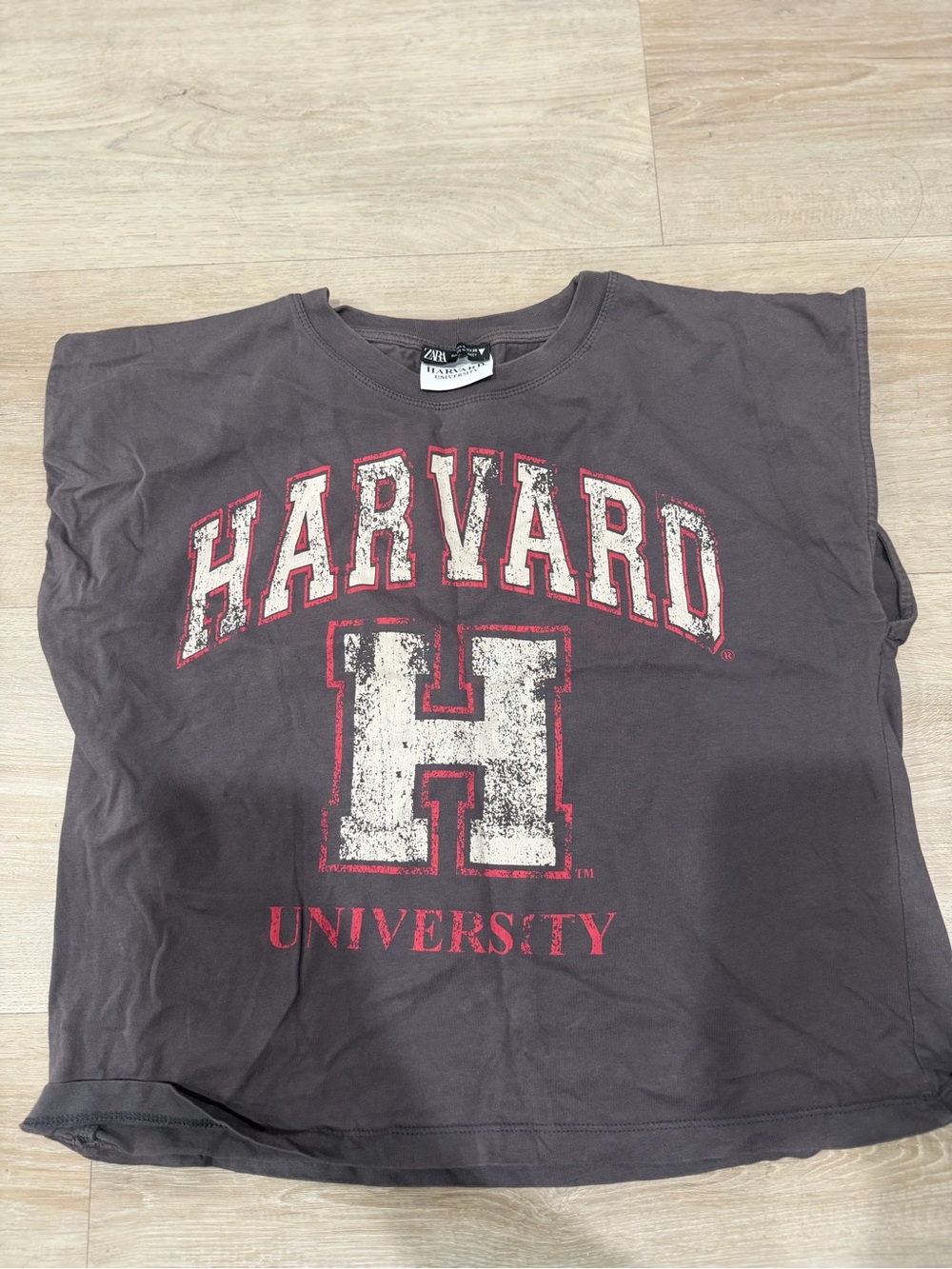 Zara Dark Gray Crop Tee with Red Harvard Print